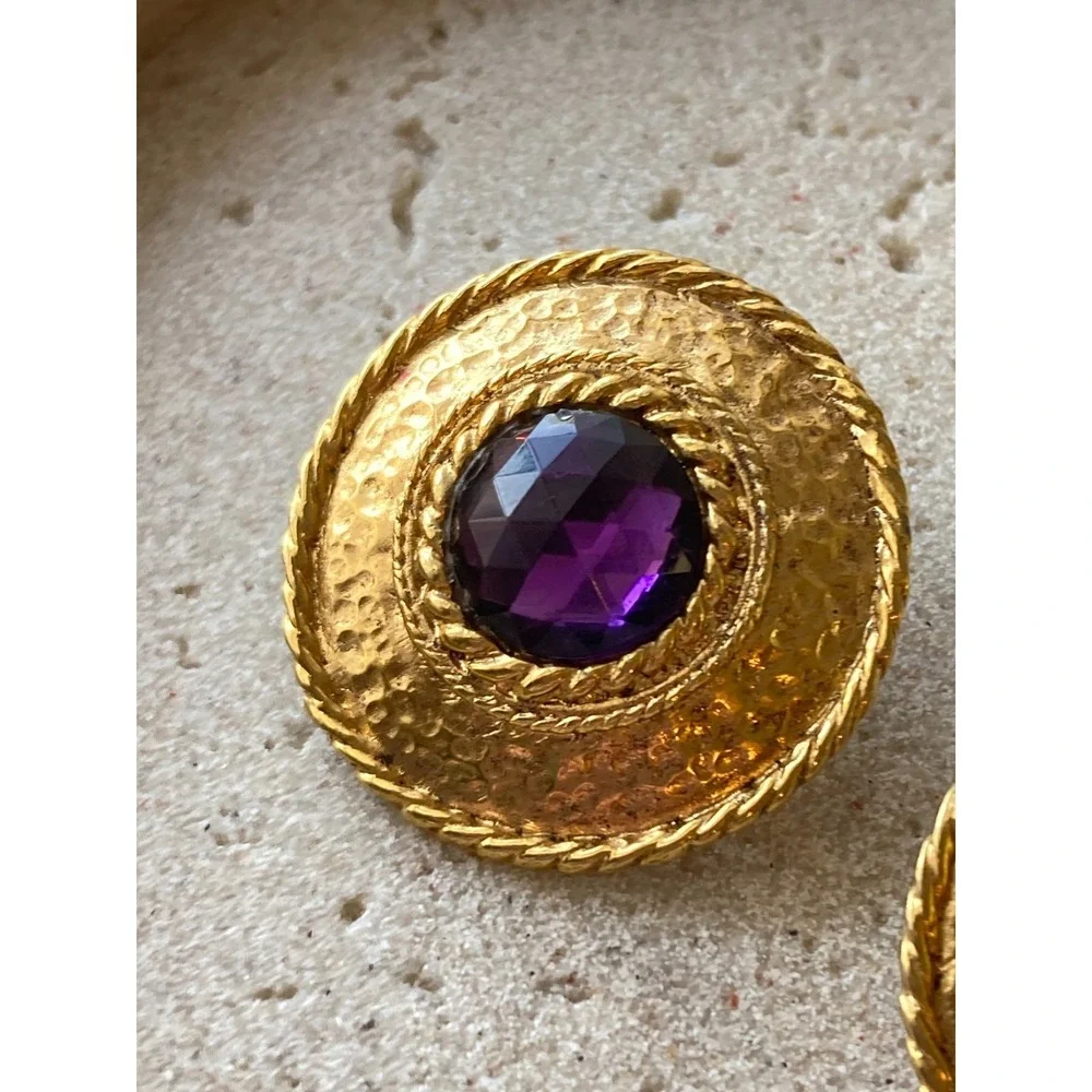 Gold Tone Hammered Earrings Faceted Purple Cabochon Couture Statement Glam